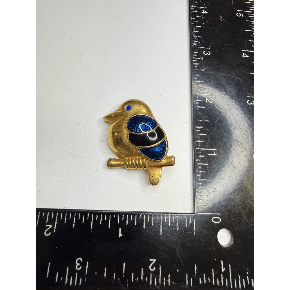 Roman Gold Tone Bird Brooch Blue Black Enamel Rhinestone Eye Animal Pin